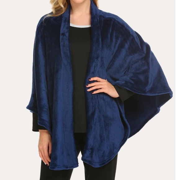 EKOUAER High quality flannel poncho blue velour O/S - Picture 2 of 5